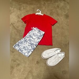 Janie and Jack Red Tee with new white navy Tropical Shorts size 7